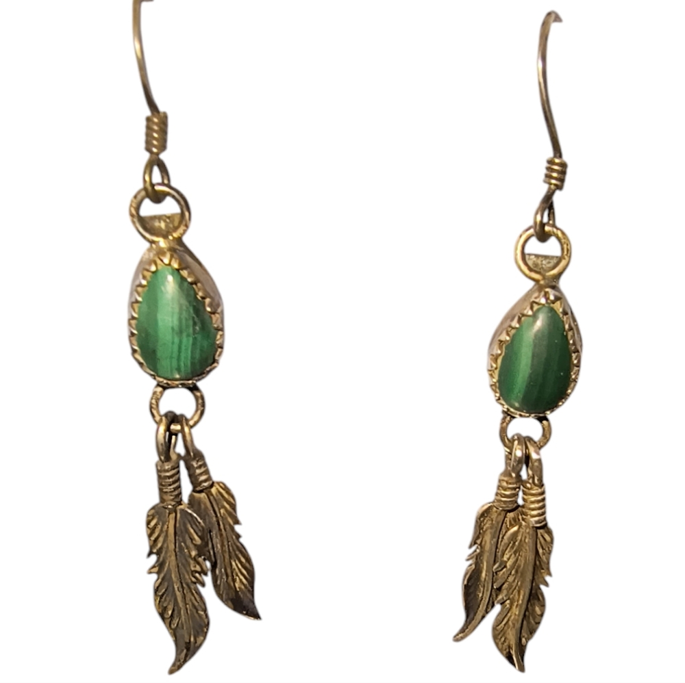 Vintage Running Bear Native American Malachite & Sterling Silver Earrings - Picture 2 of 9